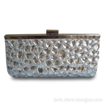 Satin Evening Bag with Crystal Piece at Front, Clip Lock Closure, Metal Chain Handle